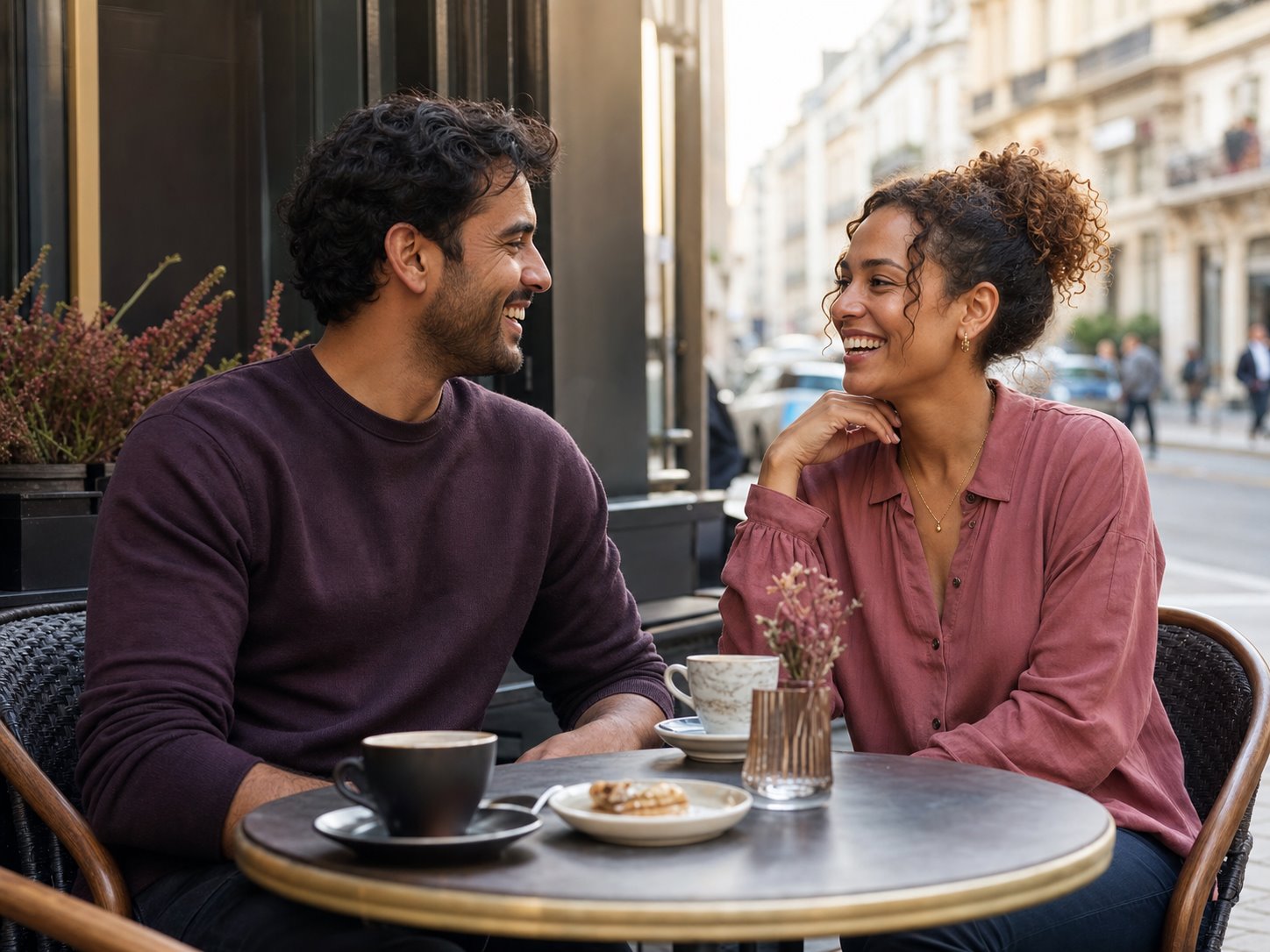 Zwei Menschen teilen einen vertrauten Moment auf einer Café-Terrasse
